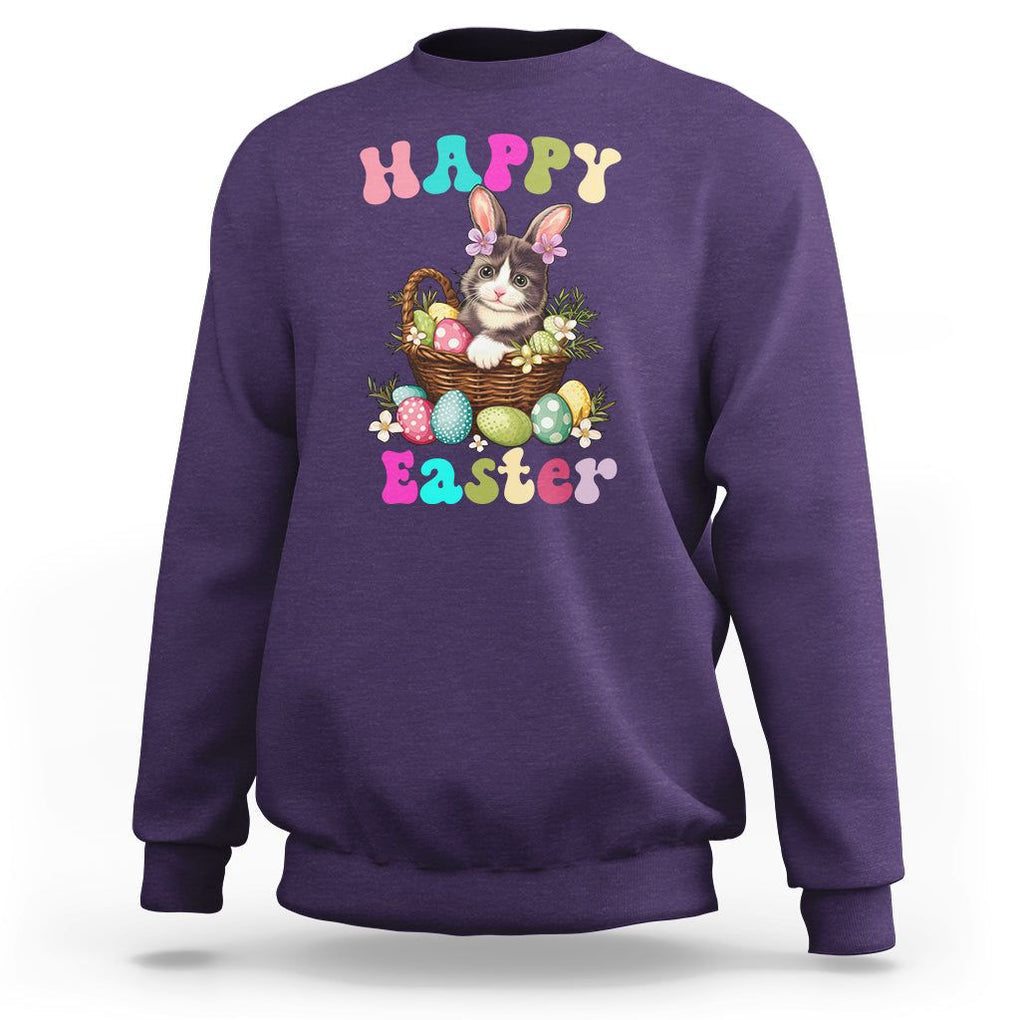 Easter Day Sweatshirt Cute Cat Bunny Costume Egg Basket TS09 Purple Printyourwear