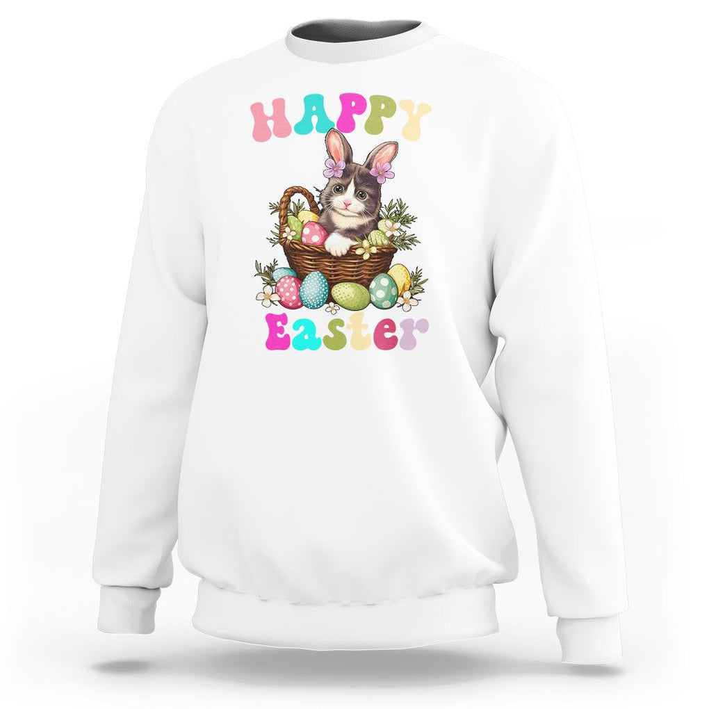 Easter Day Sweatshirt Cute Cat Bunny Costume Egg Basket TS09 White Printyourwear