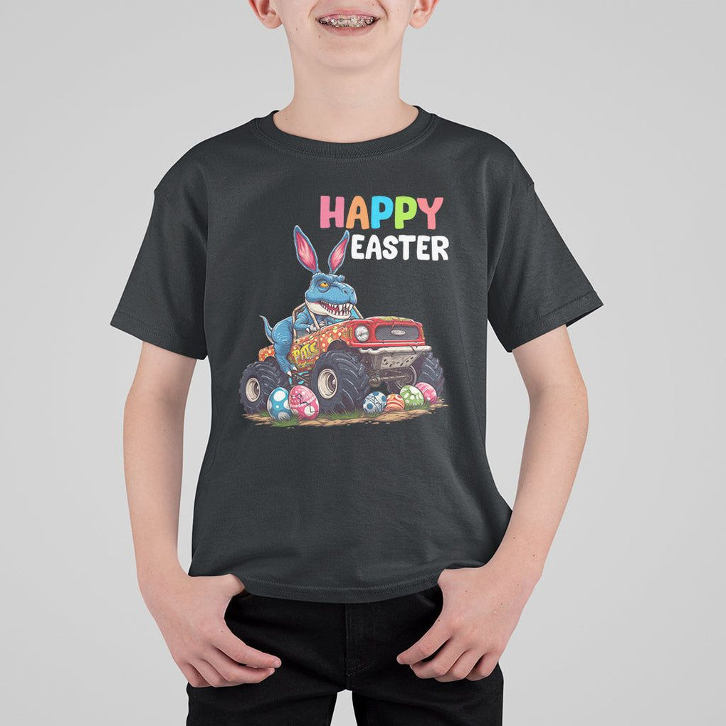 Happy Easter Day T Shirt For Kid Bunny Dinosaur Riding Monster Truck Hunting Egg TS09 Black Printyourwear