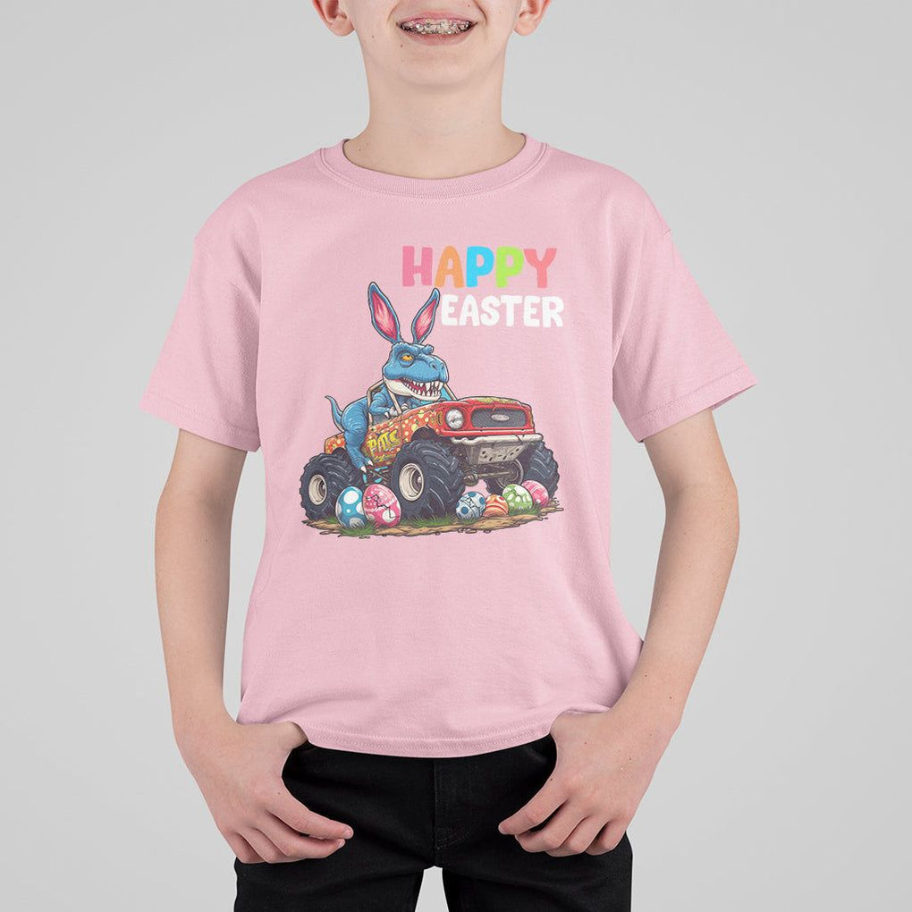 Happy Easter Day T Shirt For Kid Bunny Dinosaur Riding Monster Truck Hunting Egg TS09 Light Pink Printyourwear
