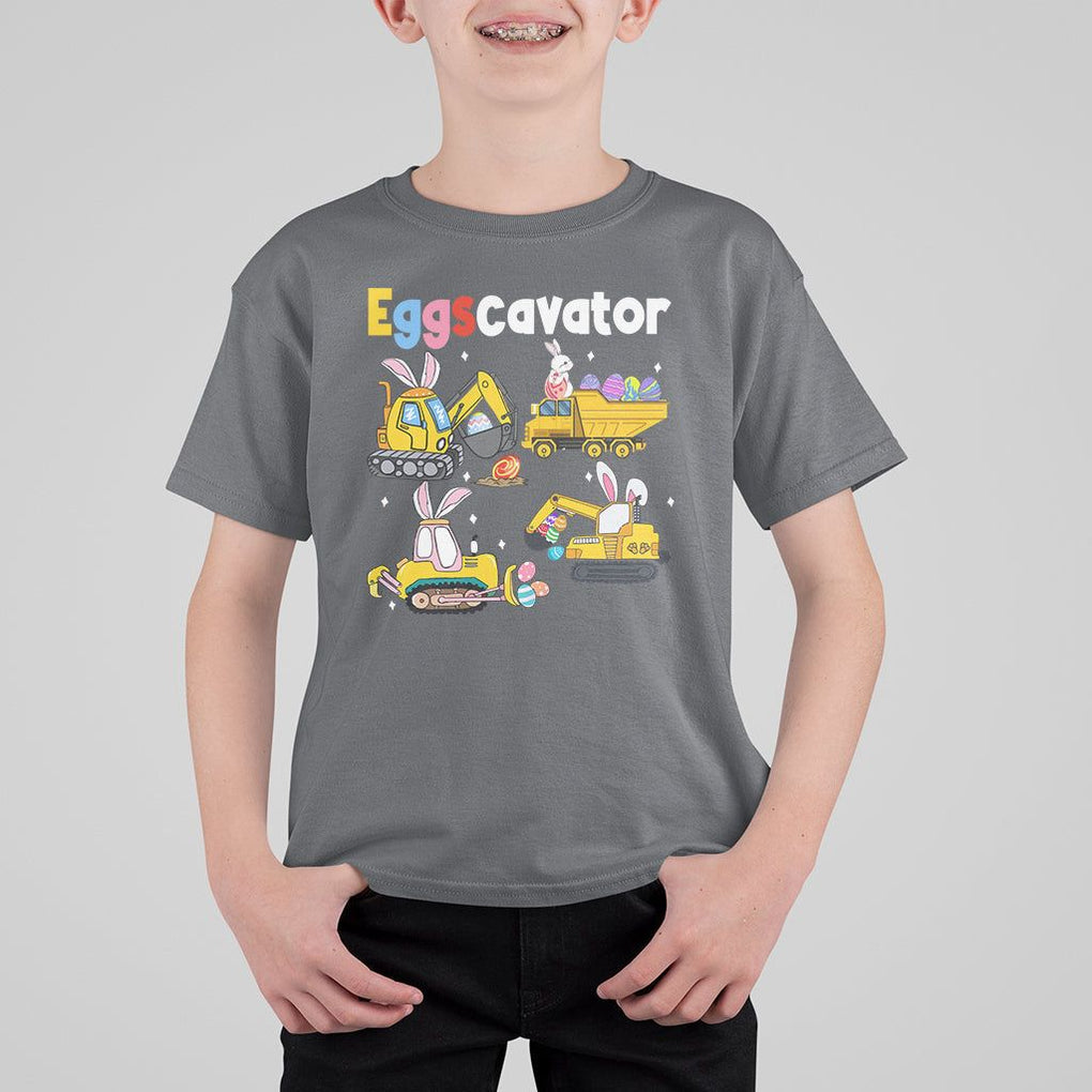 Easter Day T Shirt For Kid Eggscavator Egg Hunt Construction Trucks Toddler Boys TS09 Charcoal Printyourwear