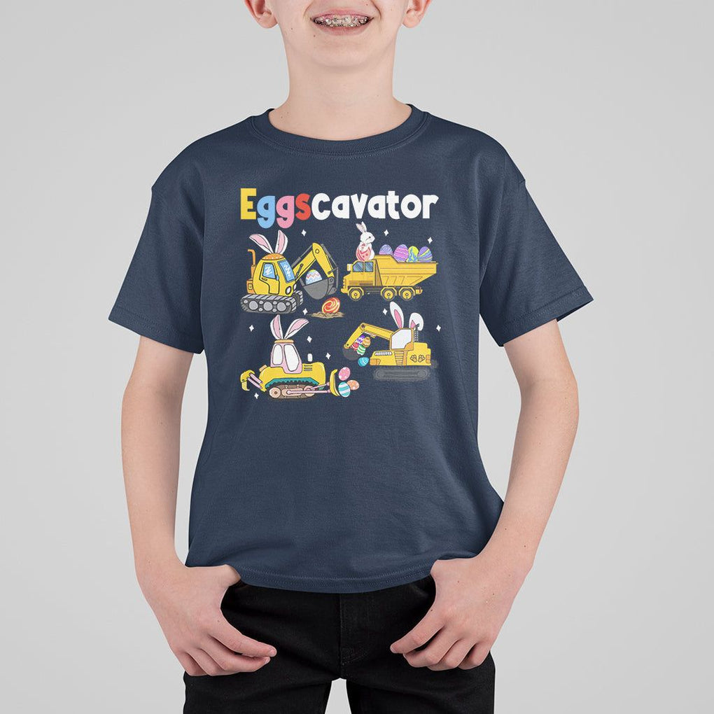 Easter Day T Shirt For Kid Eggscavator Egg Hunt Construction Trucks Toddler Boys TS09 Navy Printyourwear