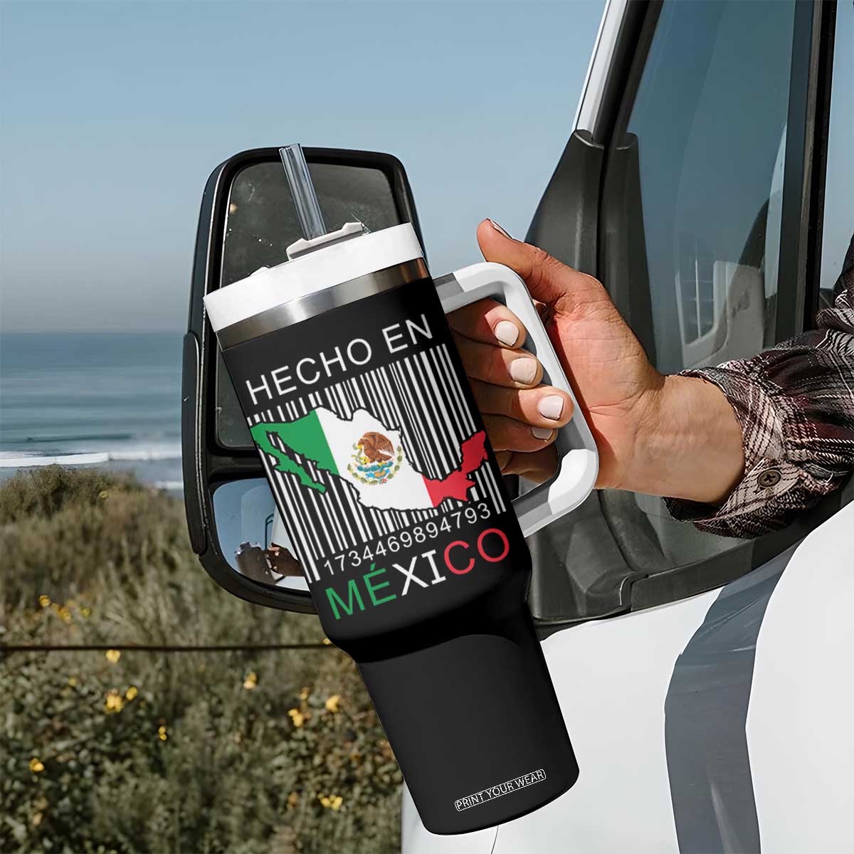 Mexican Pride Tumbler With Handle Hecho En Mexico Flag Barcode TS09 Print Your Wear