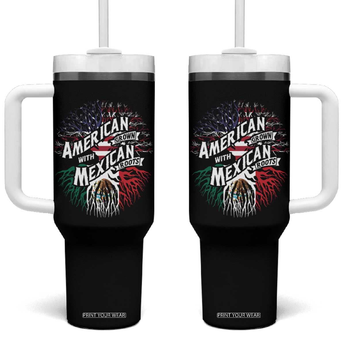 American Grown With Mexican Roots Tumbler With Handle TS09 One Size: 40 oz Black Print Your Wear