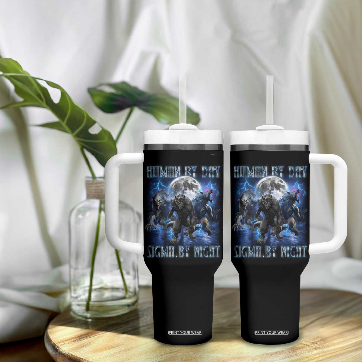 Alpha Wolf Tumbler With Handle Human By Day Sigma By Night TS09 Print Your Wear