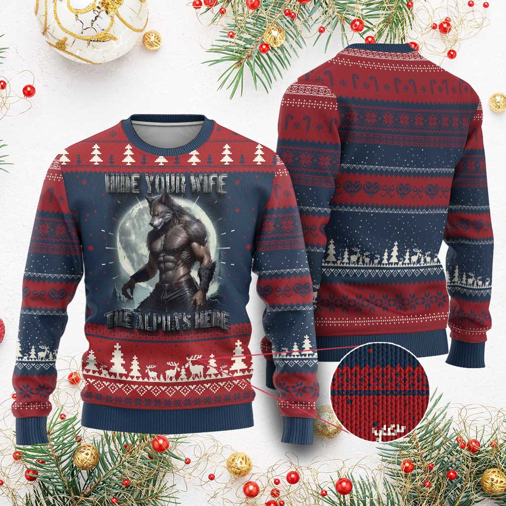 Alpha Wolf Ugly Christmas Sweater Hide Your Wife The Alpha's Here TS09 Burgundy Print Your Wear