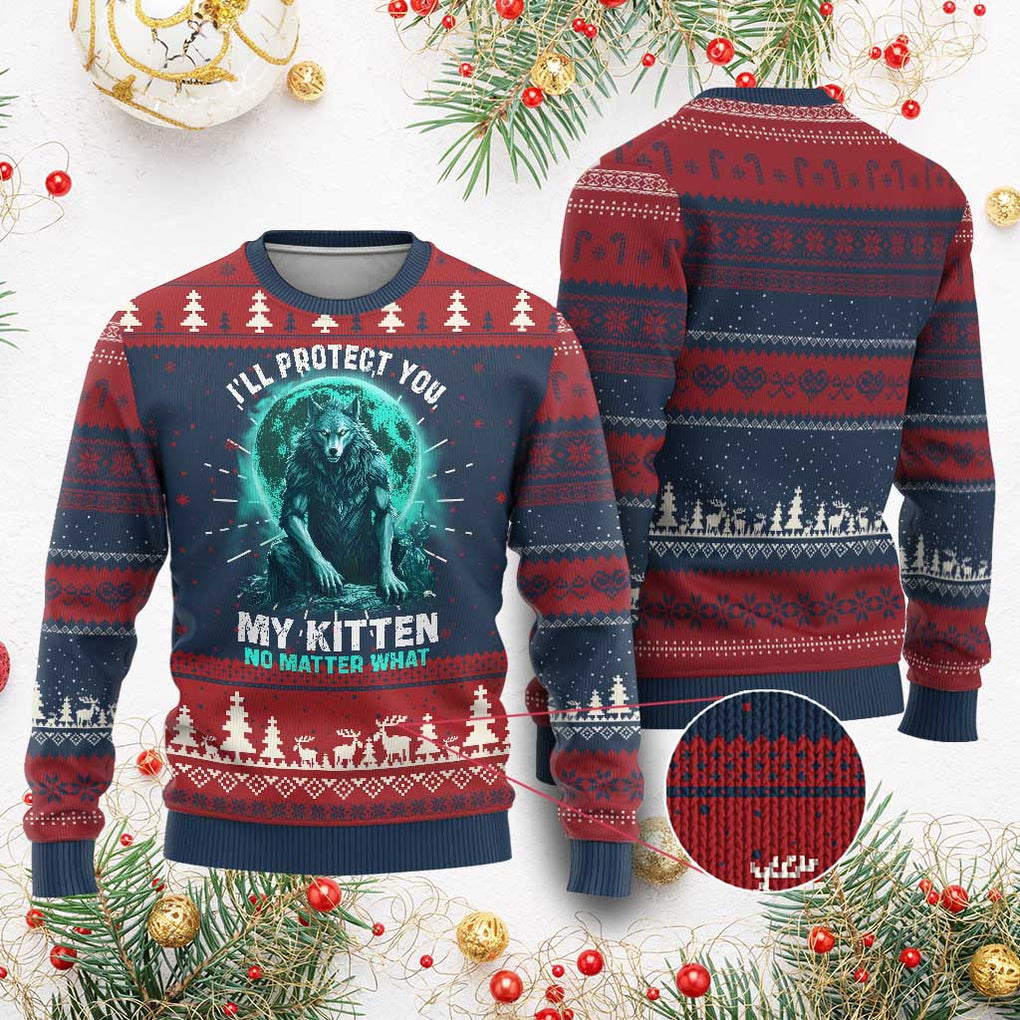 Funny Alpha Wolf Ugly Christmas Sweater I'll Protect You Kitten No Matter What TS09 Burgundy Print Your Wear