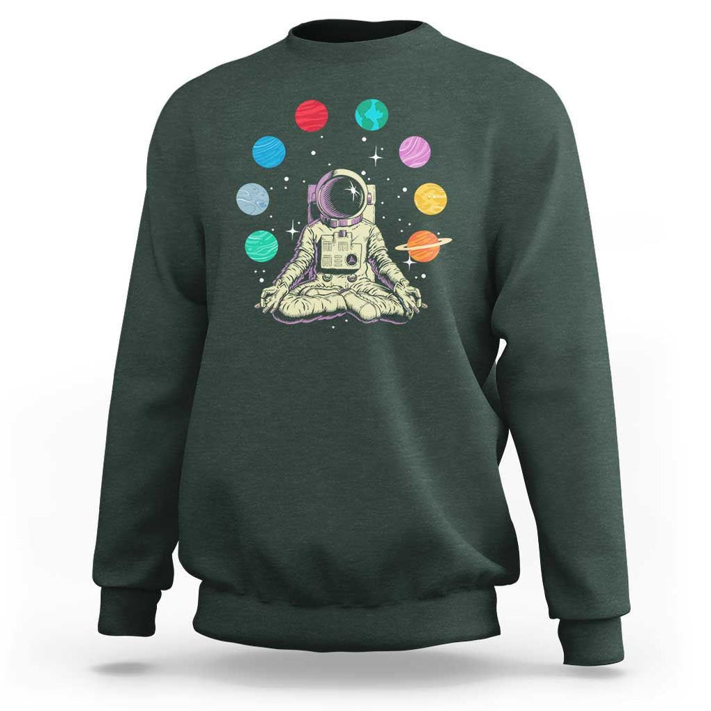 Meditating In Outer Space Sweatshirt Astronaut Yoga Meditation Position With Solar System Planets TS09 Dark Forest Green Print Your Wear