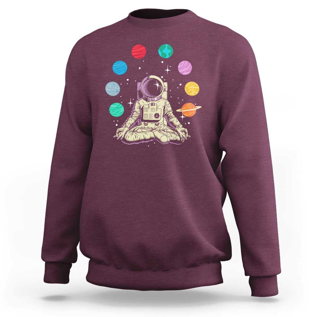 Meditating In Outer Space Sweatshirt Astronaut Yoga Meditation Position With Solar System Planets TS09 Maroon Print Your Wear