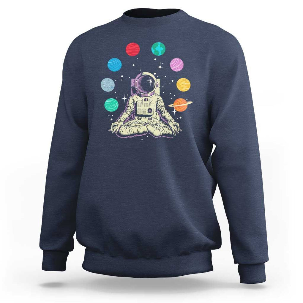 Meditating In Outer Space Sweatshirt Astronaut Yoga Meditation Position With Solar System Planets TS09 Navy Print Your Wear