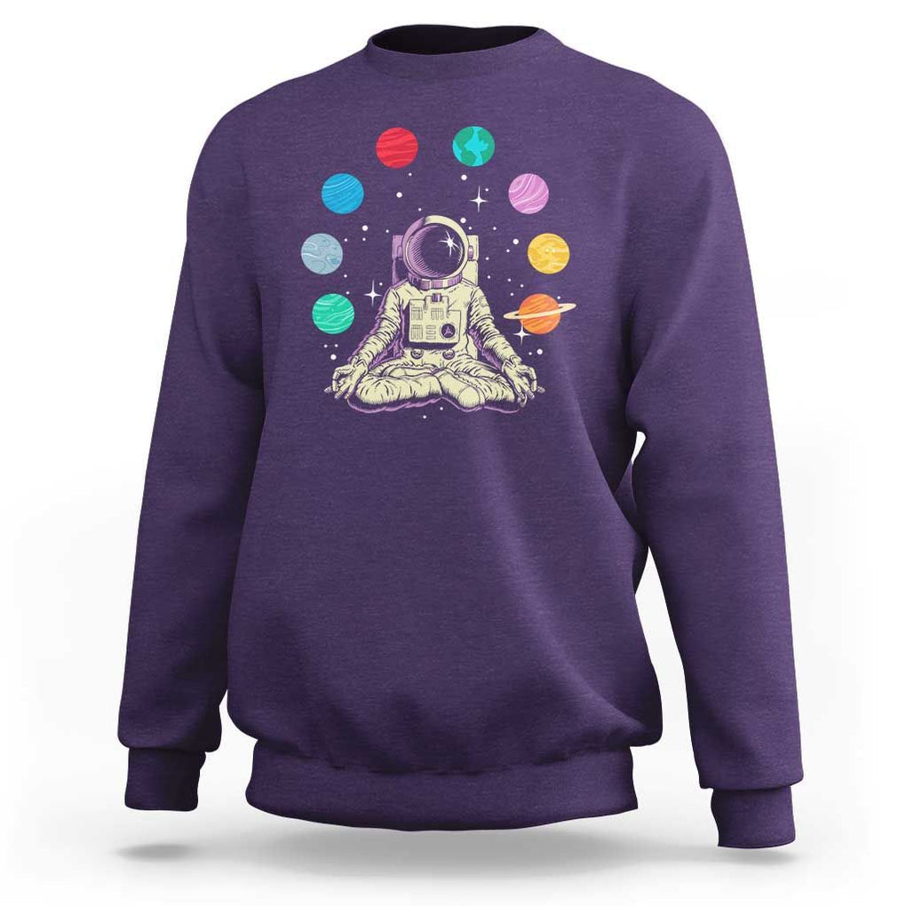 Meditating In Outer Space Sweatshirt Astronaut Yoga Meditation Position With Solar System Planets TS09 Purple Print Your Wear