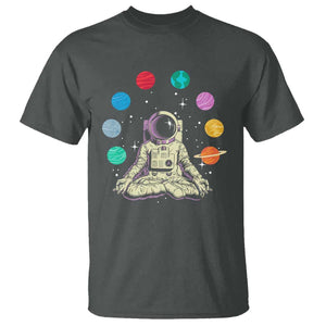 Meditating In Outer Space T Shirt Astronaut Yoga Meditation Position With Solar System Planets TS09 Dark Heather Print Your Wear