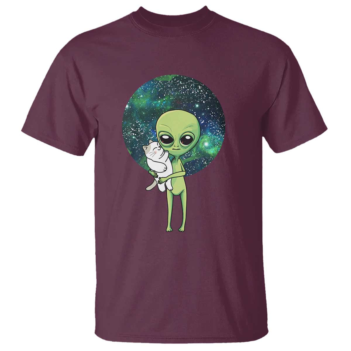 Cute Alien Hugs Cat T Shirt TS09 Maroon Print Your Wear