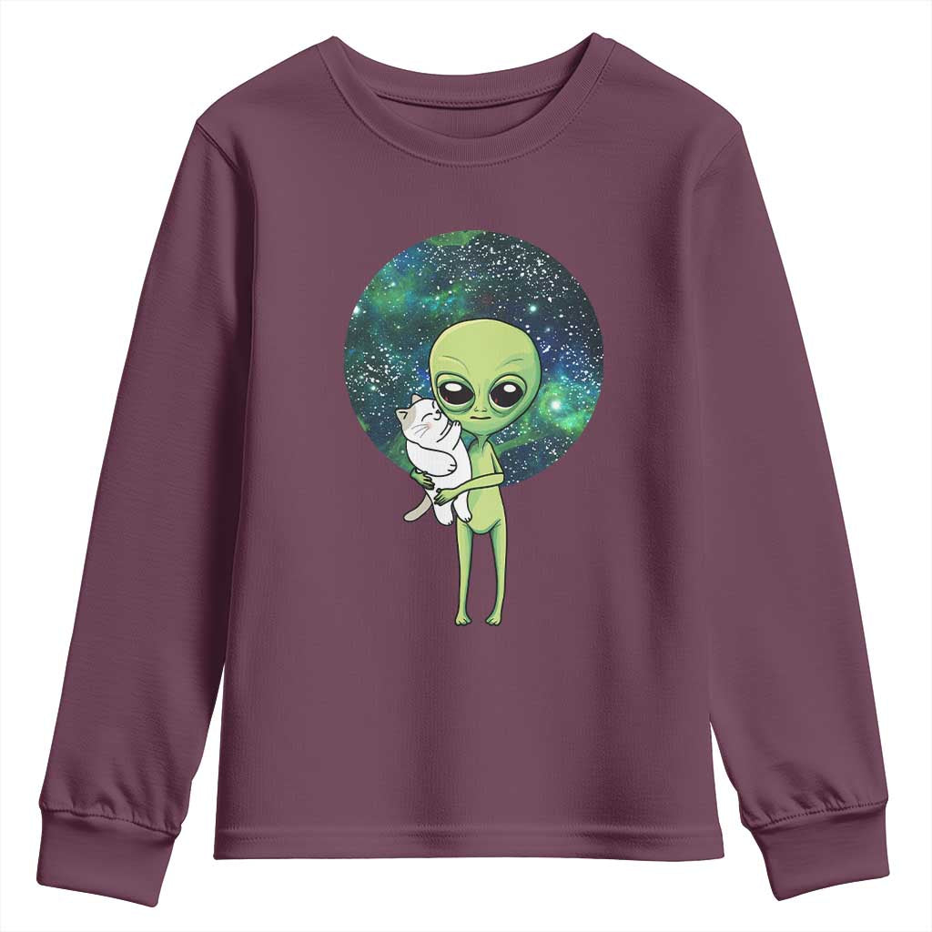 Cute Alien Hugs Cat Youth Sweatshirt TS09 Maroon Print Your Wear