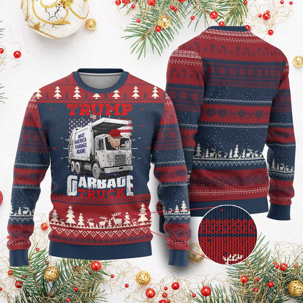 Trump 2024 Ugly Christmas Sweater Trump Garbage Truck TS09 Burgundy Print Your Wear