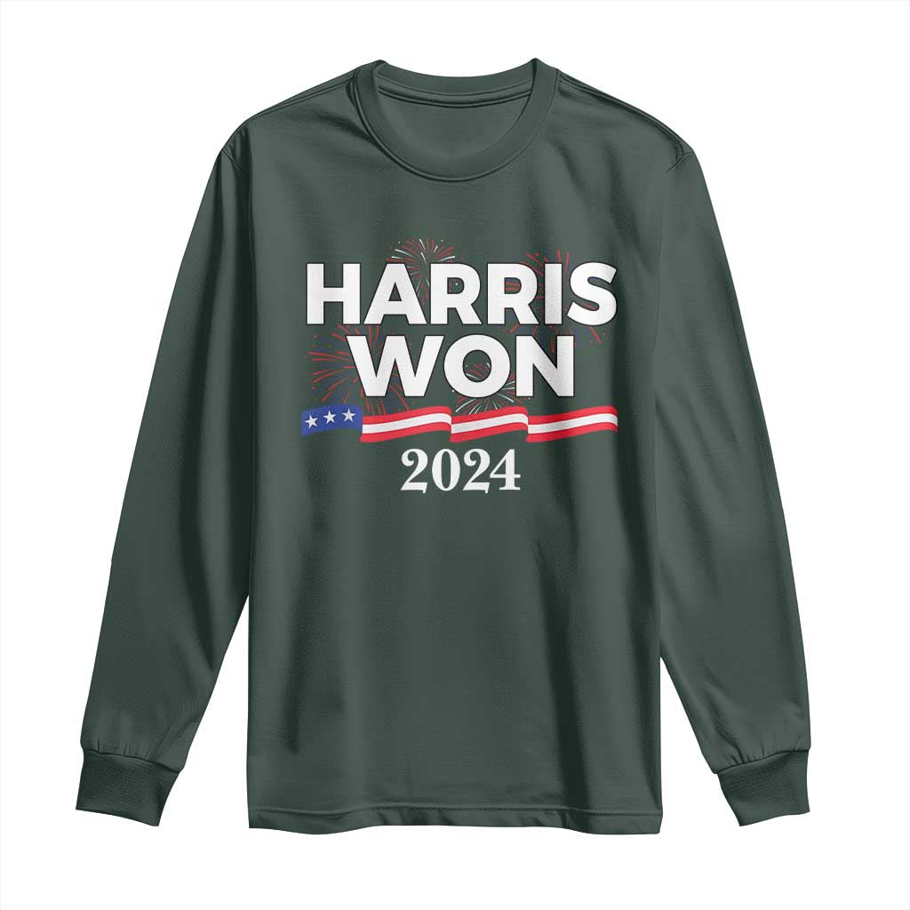 Harris Won 2024 Long Sleeve Shirt US President American Firework Patriotic TS09 Dark Forest Green Print Your Wear