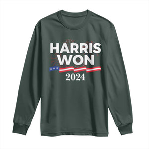 Harris Won 2024 Long Sleeve Shirt US President American Firework Patriotic TS09 Dark Forest Green Print Your Wear