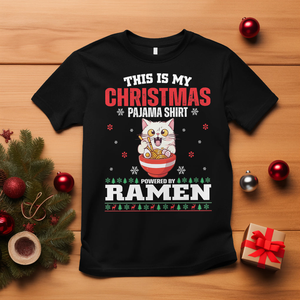 Kawaii Cat Powered By Ramen Christmas Japanese Noodle T Shirt TS09 Black Printyourwear