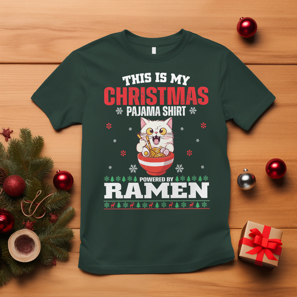 Kawaii Cat Powered By Ramen Christmas Japanese Noodle T Shirt TS09 Dark Forest Green Printyourwear