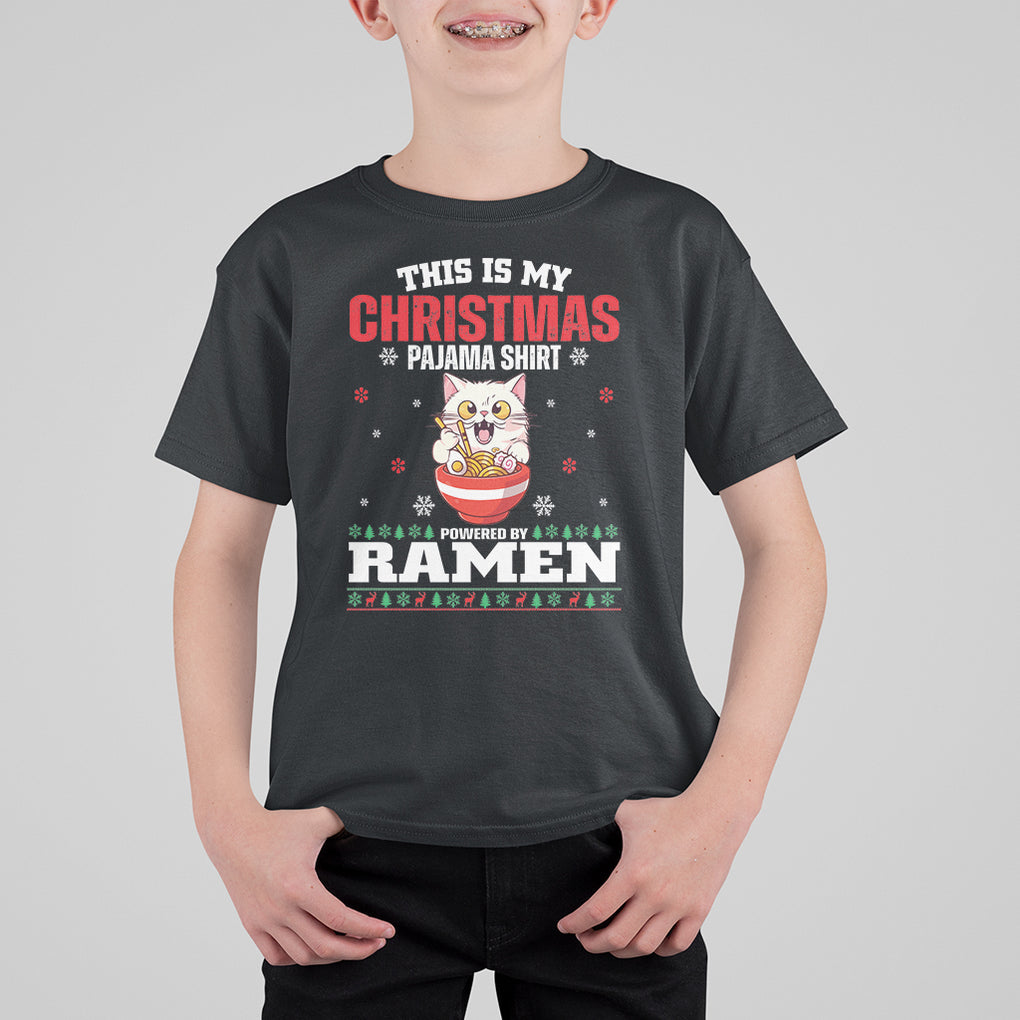 Kawaii Cat Powered By Ramen Christmas Japanese Noodle T Shirt For Kid TS09 Black Printyourwear