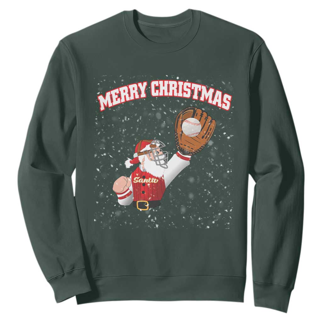 Christmas Baseball Sweatshirt Funny Santa Playing Baseball Merry Christmas TS09 Dark Forest Green Print Your Wear