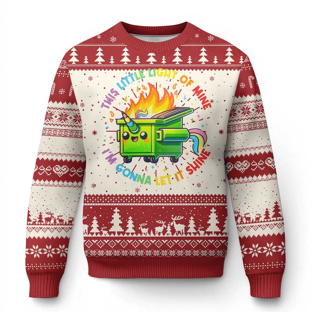 Funny Xmas Dumpster Fire Ugly Christmas Sweater This Little Light Of Mine Unicorn Rainbow TS09 Red Print Your Wear