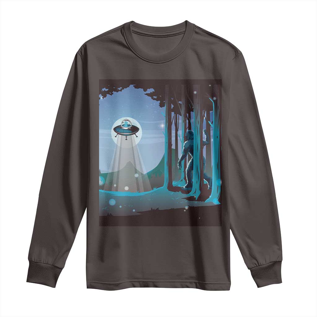 Bigfoot Hiding From Alien UFO Funny Sasquatch Long Sleeve Shirt TS09 Dark Chocolate Print Your Wear
