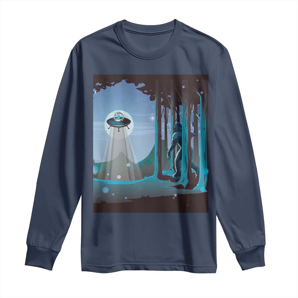Bigfoot Hiding From Alien UFO Funny Sasquatch Long Sleeve Shirt TS09 Navy Print Your Wear