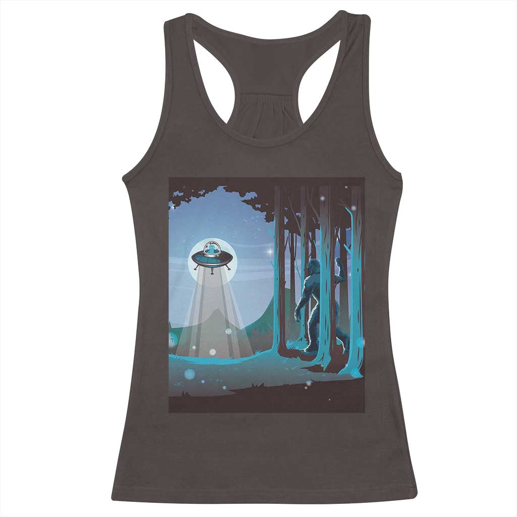 Bigfoot Hiding From Alien UFO Funny Sasquatch Racerback Tank Top TS09 Dark Chocolate Print Your Wear