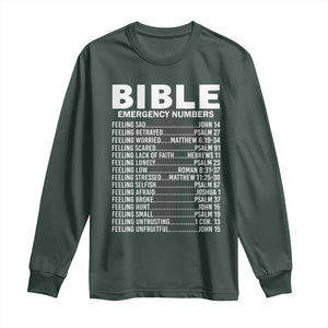 Christian Long Sleeve Shirt Bible Emergency Number TS09 Dark Forest Green Print Your Wear