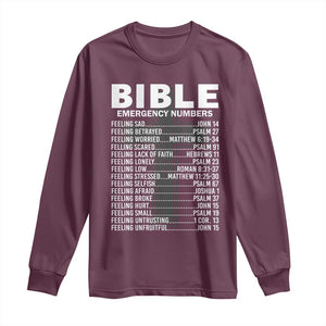 Christian Long Sleeve Shirt Bible Emergency Number TS09 Maroon Print Your Wear