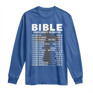 Christian Long Sleeve Shirt Bible Emergency Number TS09 Royal Blue Print Your Wear