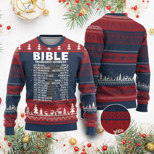 Christian Ugly Christmas Sweater Bible Emergency Number TS09 Burgundy Print Your Wear