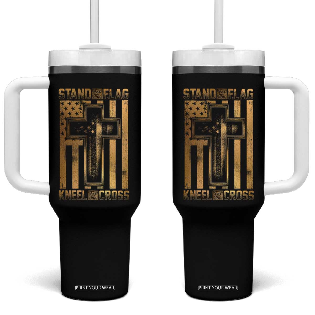 Christian Patriotic Tumbler With Handle Stand For The Flag Kneel For The Cross American Christ Cross TS09 One Size: 40 oz Black Print Your Wear