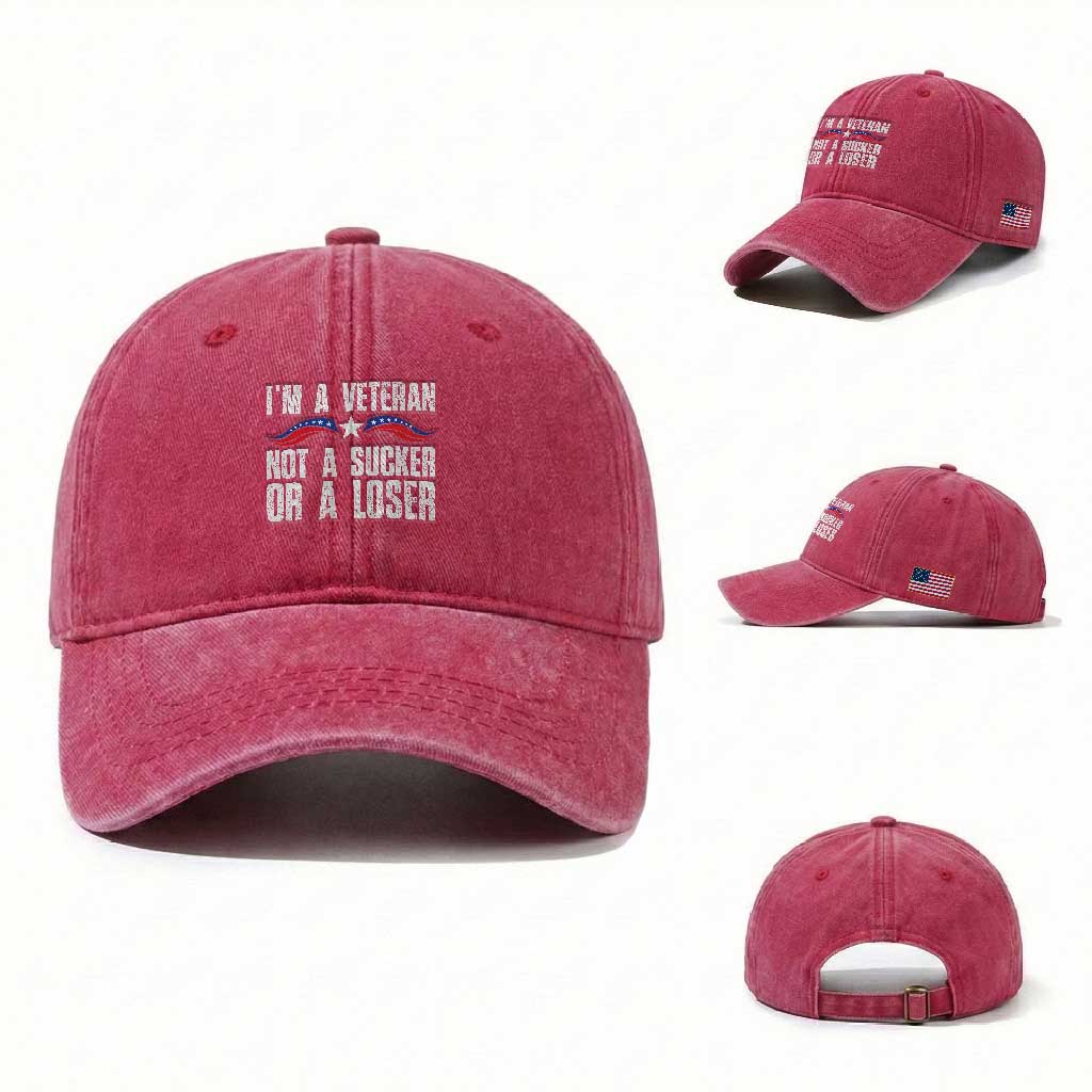 Veteran Pride Washed Cotton Baseball Cap I'm A Veteran Not A Sucker Or A Loser TS09 Washed Cap Universal Fit Red Print Your Wear