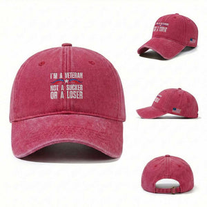 Veteran Pride Washed Cotton Baseball Cap I'm A Veteran Not A Sucker Or A Loser TS09 Washed Cap Universal Fit Red Print Your Wear