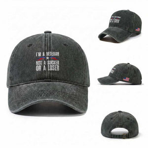 Veteran Pride Washed Cotton Baseball Cap I'm A Veteran Not A Sucker Or A Loser TS09 Washed Cap Universal Fit Dark Green Print Your Wear