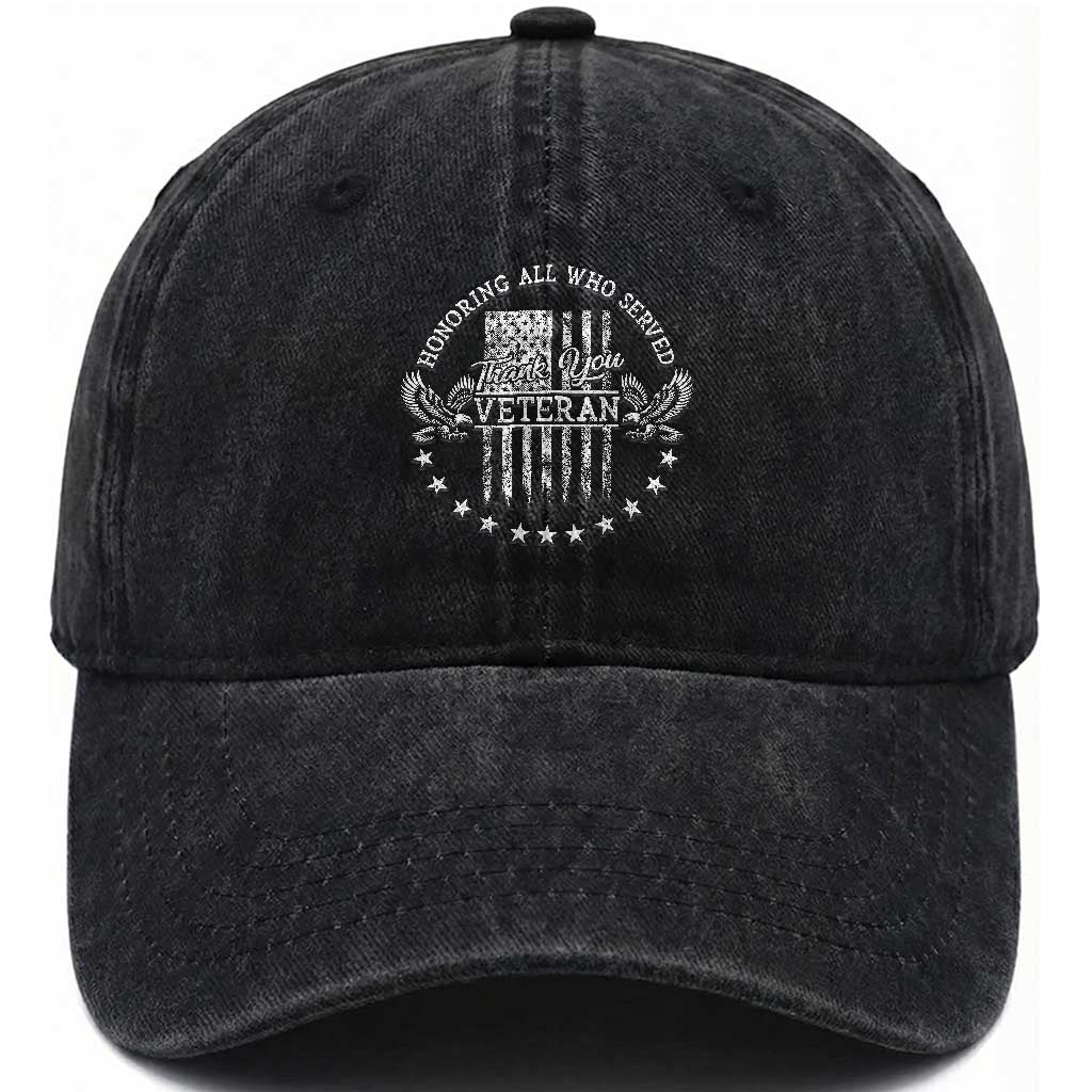 Veterans Day Washed Cotton Baseball Cap Honoring All Who Served Thank You TS09 Washed Cap Universal Fit Black Print Your Wear