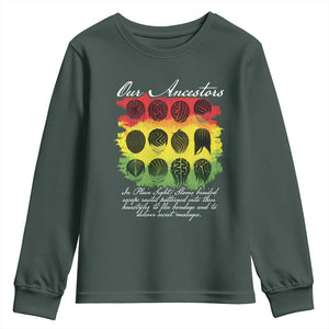 Black History Youth Sweatshirt Our Ancestors Escape Routes Braids TS09 Dark Forest Green Print Your Wear