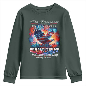 47th President Donald Trump Inauguration Day 2025 Youth Sweatshirt American Eagle Fireworks TS09 Dark Forest Green Print Your Wear