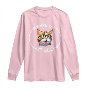 Funny Cat Meme Long Sleeve Shirt Wake Up Act Silly TS09 Light Pink Print Your Wear