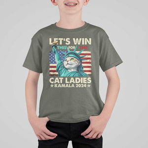 Funny Let's Win This For The Cat Ladies Kamala 2024 T Shirt For Kid Childless Cat Lady Harris Statue of Liberty TS09 Military Green Print Your Wear