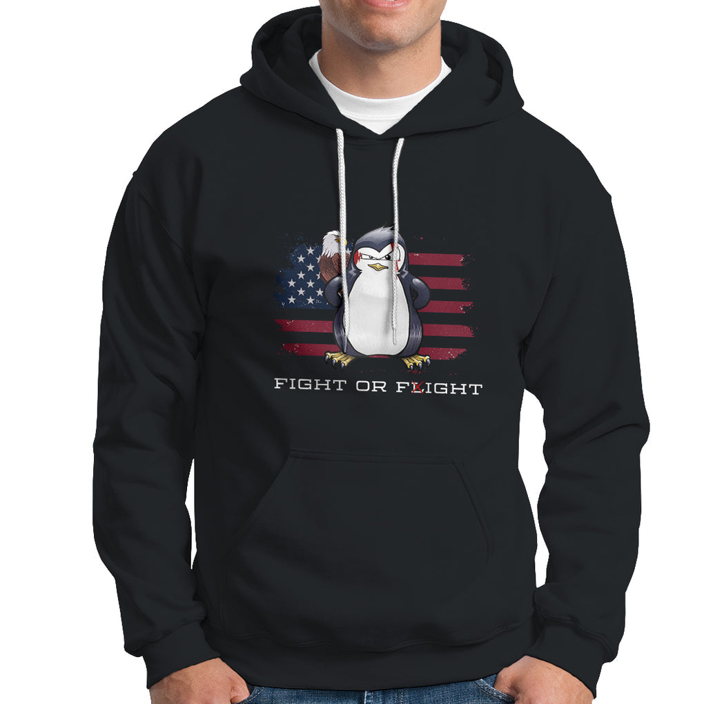 Fight or Flight Meme Cool Penguin Pun Patriotic US Flag Hoodie TS09 Black Printyourwear