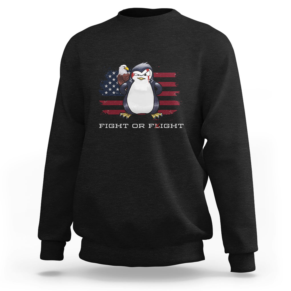 Fight or Flight Meme Cool Penguin Pun Patriotic US Flag Sweatshirt TS09 Black Printyourwear