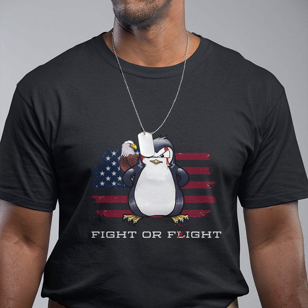 Fight or Flight Meme Cool Penguin Pun Patriotic US Flag T Shirt TS09 Black Printyourwear