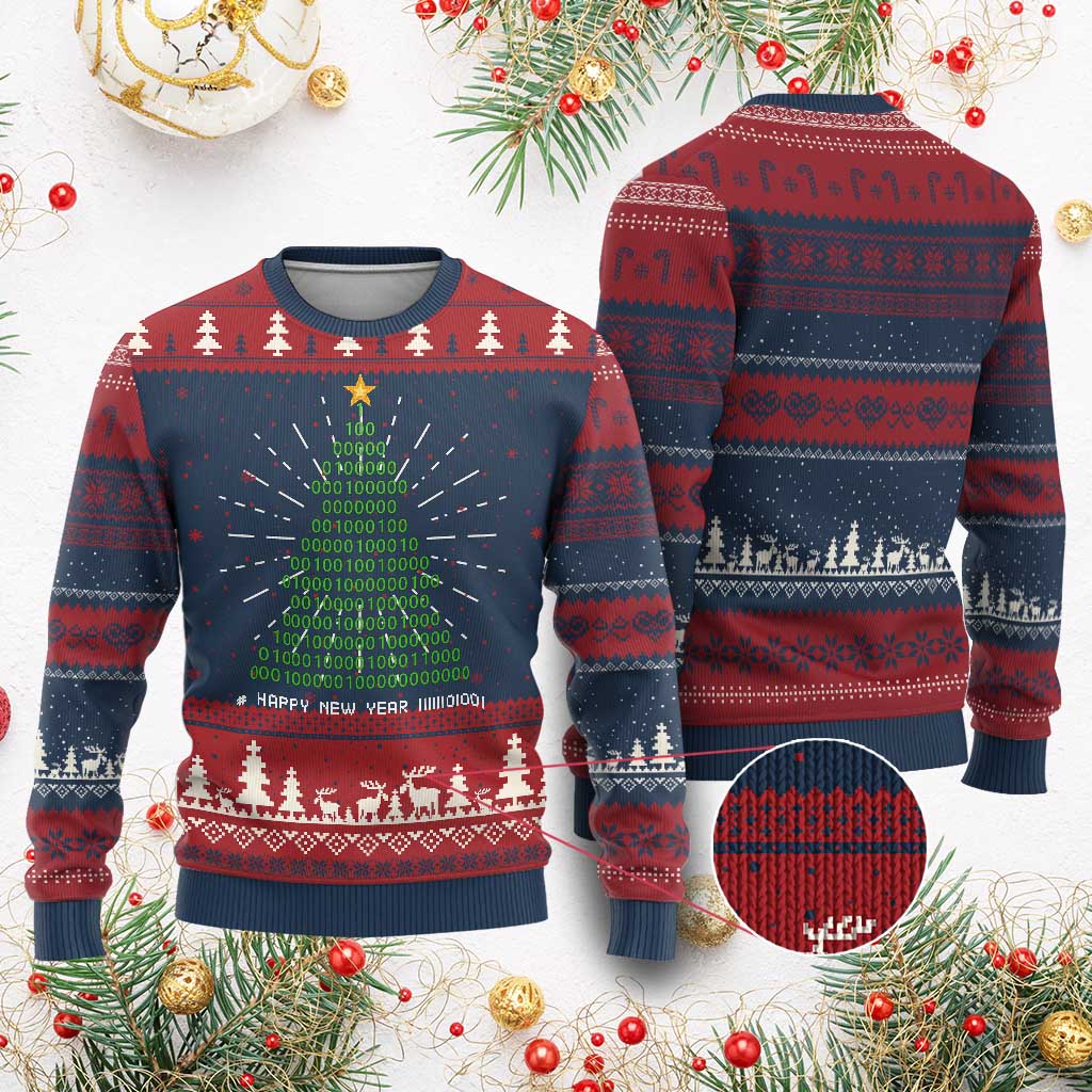 Funny Binary Christmas Tree Ugly Christmas Sweater HAPPY NEW YEAR 11111101001 TS09 Burgundy Print Your Wear