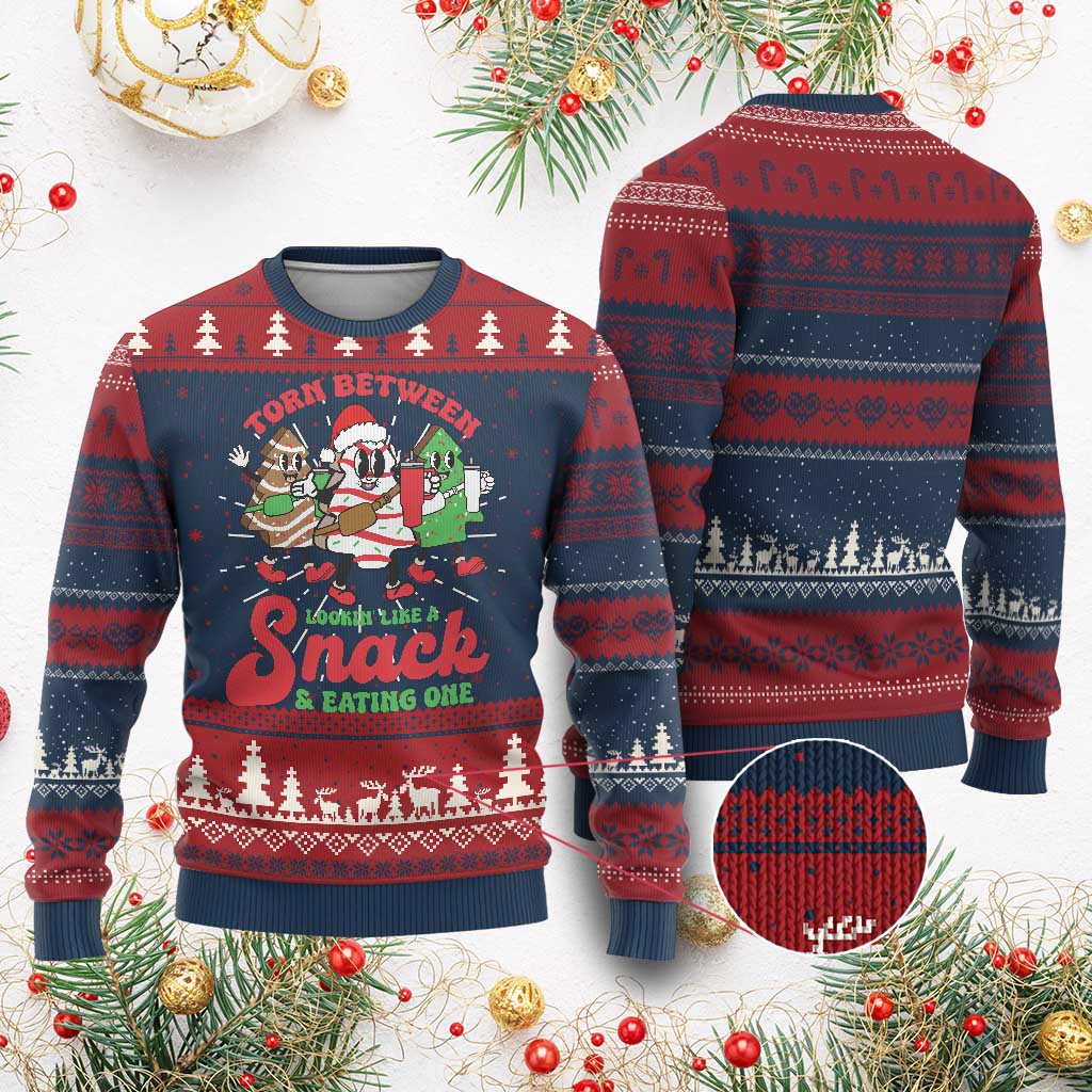 Funny Christmas Cake Ugly Christmas Sweater Torn Between Looking' Like a Snack TS09 Burgundy Print Your Wear