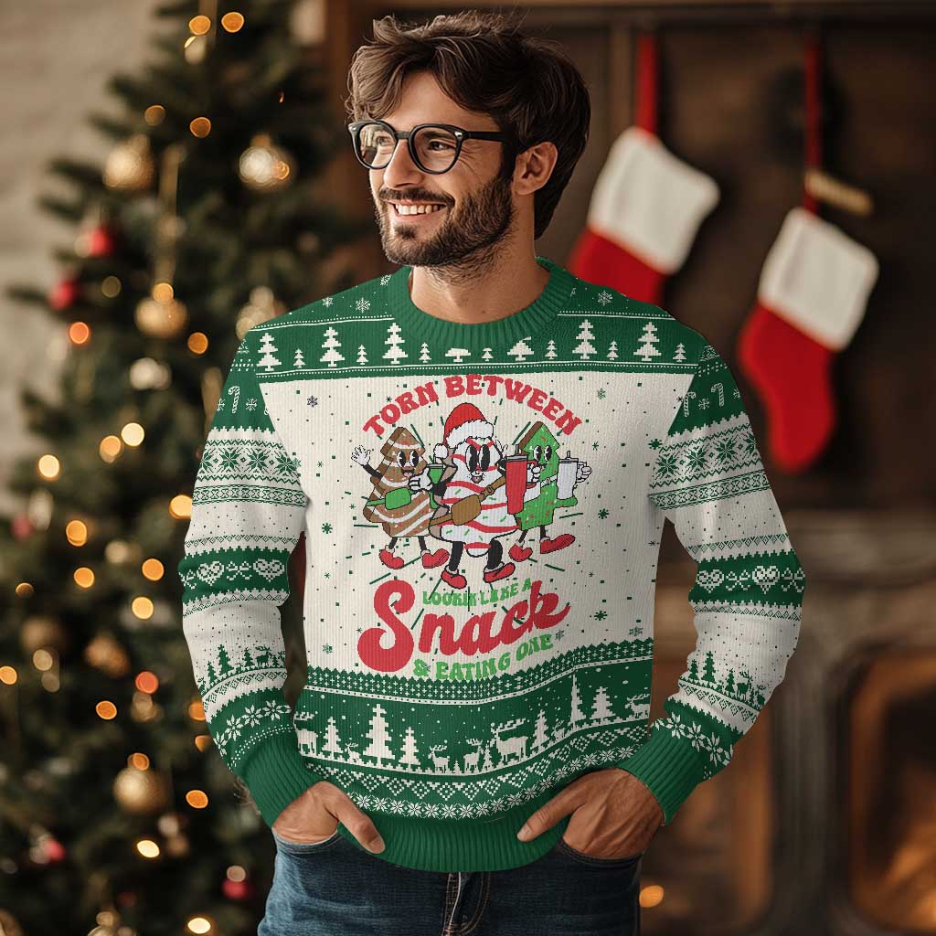 Funny Christmas Cake Ugly Christmas Sweater Torn Between Looking' Like a Snack TS09 Green Print Your Wear