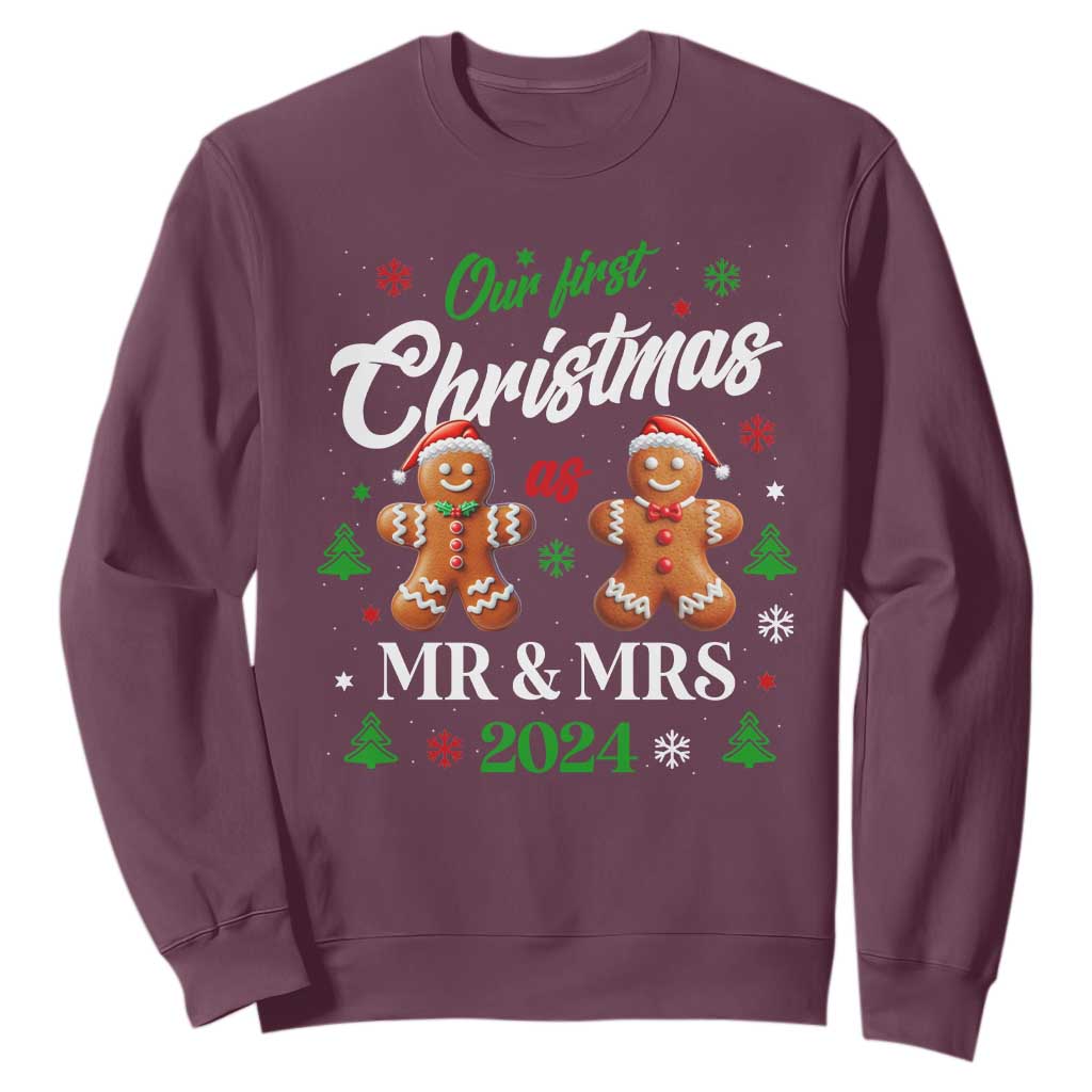 Our First Christmas As Mr Mrs 2024 Sweatshirt Cute Gingerbread Couple TS09 Maroon Print Your Wear