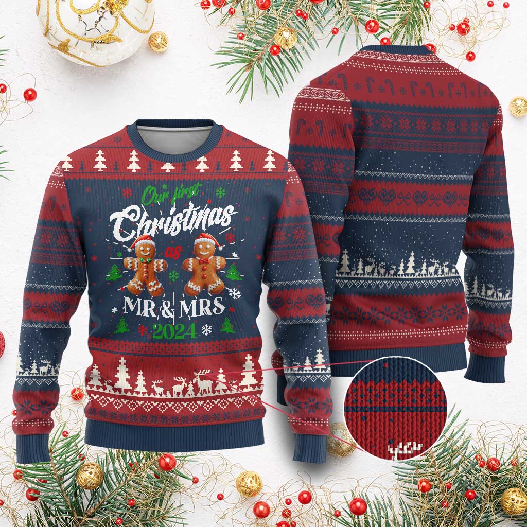 Our First Christmas As Mr Mrs 2024 Ugly Christmas Sweater Cute Gingerbread Couple TS09 Burgundy Print Your Wear